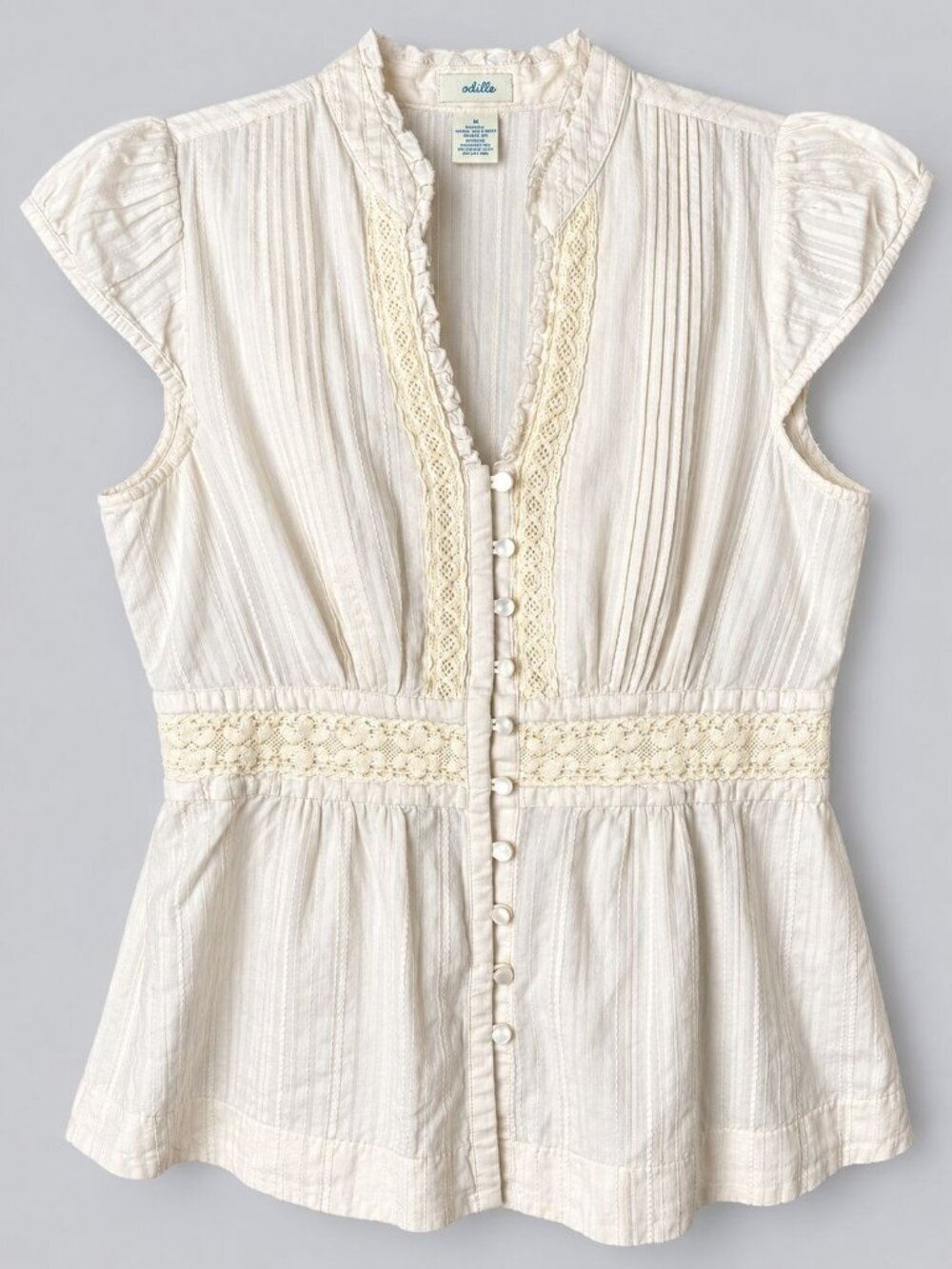 Odille Anthropologie Women's M Ivory Lace Ruffle Blouse Cottagecore Boho Peplum